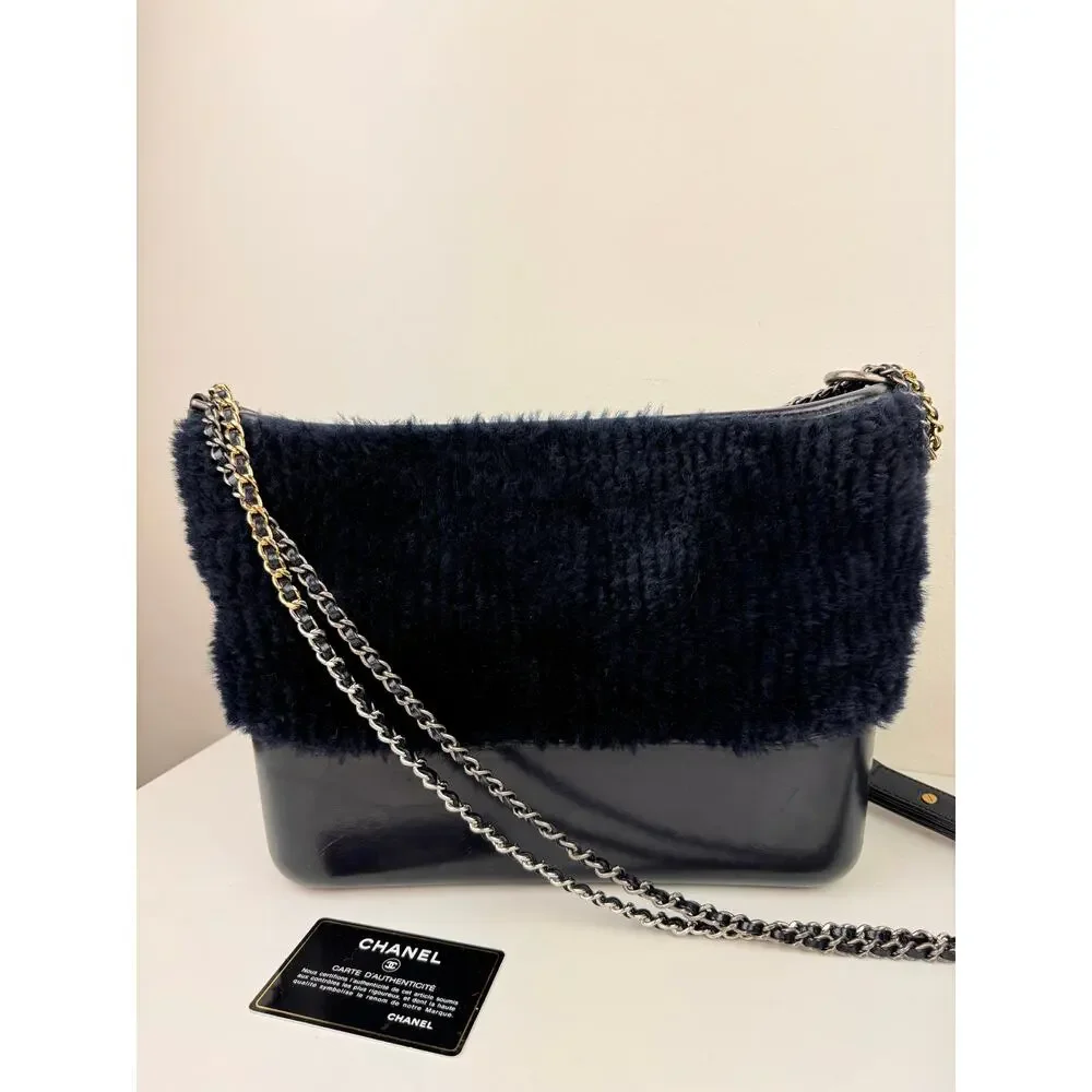 CHANEL Navy Blue Shearling Gabrielle Leather Chain Strap Crossbody Bag Medium
